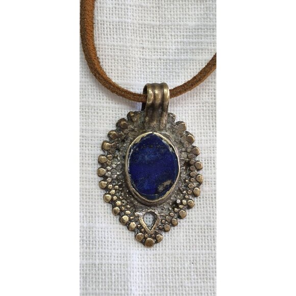 Handcrafted Jewelry - Antique Tribal-Style Blue Stone Pendant On Brown Leather Cord Necklace